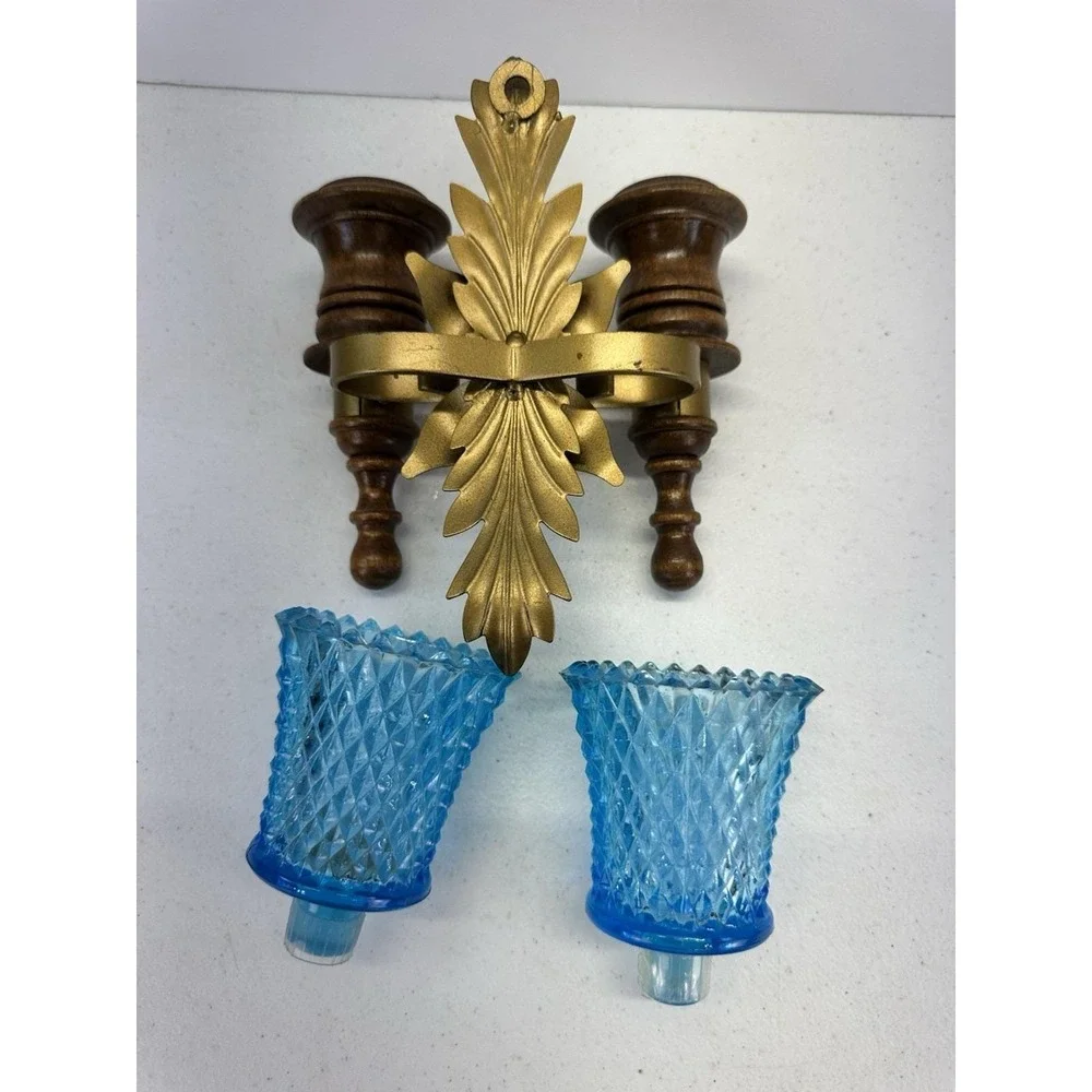 Vintage HTF BLUE Glass Double Wall Candle Sconce Wood Gold Metal 1960s
